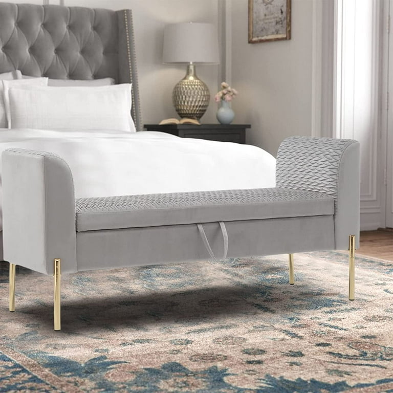 Modern Gray Entryway Bench with Shoe Storage Velvet Upholstered with Gold Frame and Shel