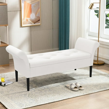 Andeworld Storage Ottoman Bench with Arms Upholstered Tufted Bench for Bedroom, Entryway, Hallway, Living Room White