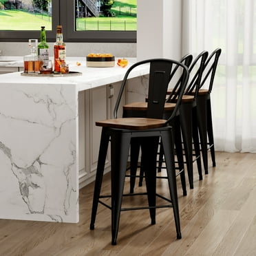 Andeworld Swivel Metal Bar Stools with Backs Counter Stools Set of 4 Counter Height Stools High Back Bar Chairs 24 Inch Bar Stools Farmhouse Matte Black