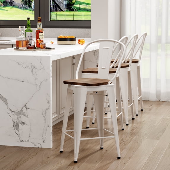 Andeworld Swivel Metal Bar Stools Set of 4 Counter Height Stools Counter Bar Stools with Back Swivel Metal Bar Chairs Wooded Seat 30 inch White