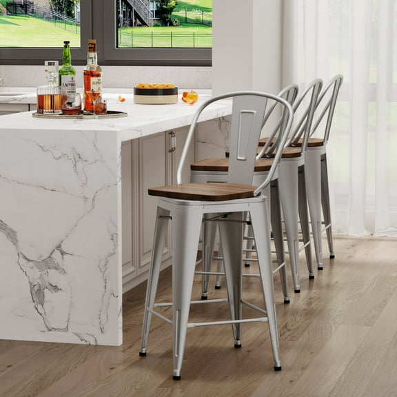 Andeworld Swivel Metal Bar Stools with Backs Counter Stools Set of 4 Counter Height Stools High Back Bar Chairs 24 Inches Bar Stools Farmhouse Silver