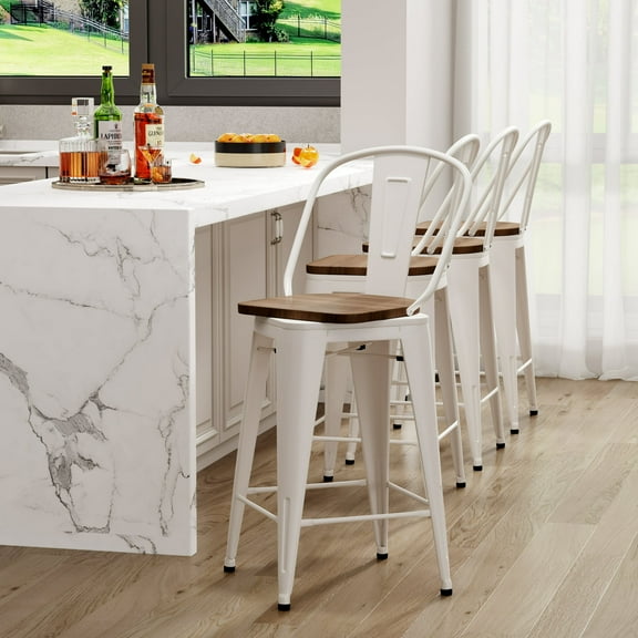 Andeworld Swivel Metal Bar Stools with Backs Counter Stools Set of 4 Counter Height Stools High Back Bar Chairs 26 Inch Bar Stools Farmhouse White