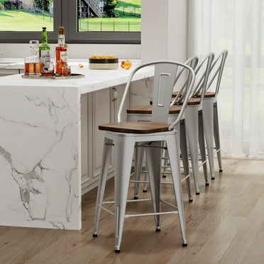Andeworld Swivel Metal Bar Stools with Backs Counter Stools Set of 4 Counter Height Stools High Back Bar Chairs 26 Inches Bar Stools Farmhouse Silver