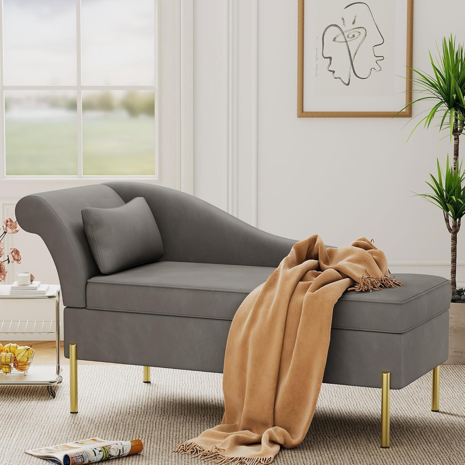 Andeworld Velvet Chaise Lounge with Storage, Modern Upholstered Tufted ...
