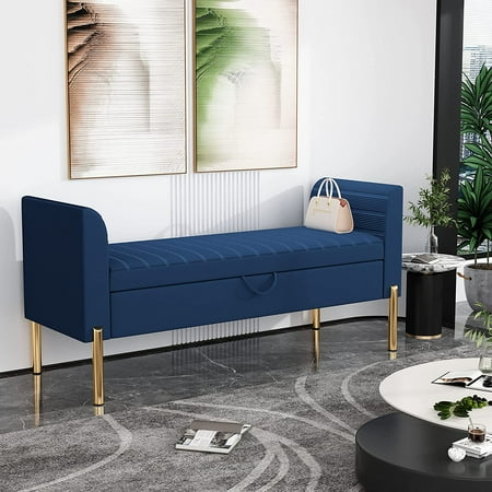 Andewrold Storage Bench,Upholstered Storage Ottoman Bench,Modern Bed Bench Entryway Bench with Gold Legs for Bedroom Living Room(Blue)