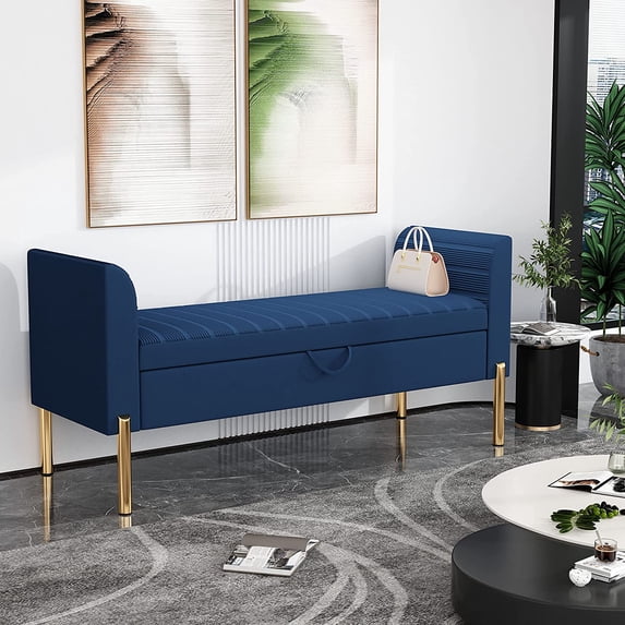 Andewrold Storage Bench,Upholstered Storage Ottoman Bench,Modern Bed Bench Entryway Bench with Gold Legs for Bedroom Living Room(Blue)