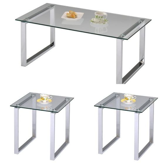 Andi 3 Piece Chrome Metal & Tempered Glass Top Occasional Modern Coffee Cocktail & 2 End Table Set