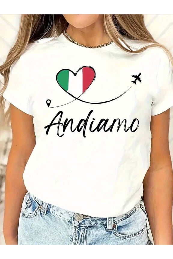 Andiamo Italy Heart Graphic Women's T-Shirt - Soft & Breathable Tee With Italian Flag Design, Casual Round Neck Short Sleeve Top - Perfect For SpringSummer Travel & Everyday Fashion, Italian T Shirt