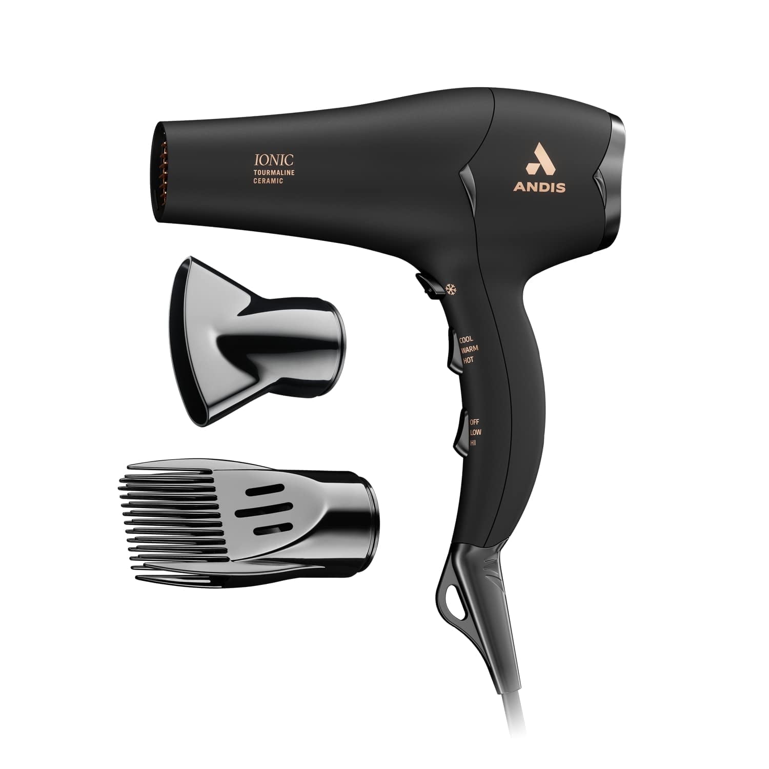 Andis 1875-Watt Tourmaline Ceramic Ionic Salon Hair Dryer with Diffuser, Fast Dry Low Noise Blow Dryer, Travel Hairdryer for Normal & Curly Hair, Soft Grip, Black New Soft Grip Black