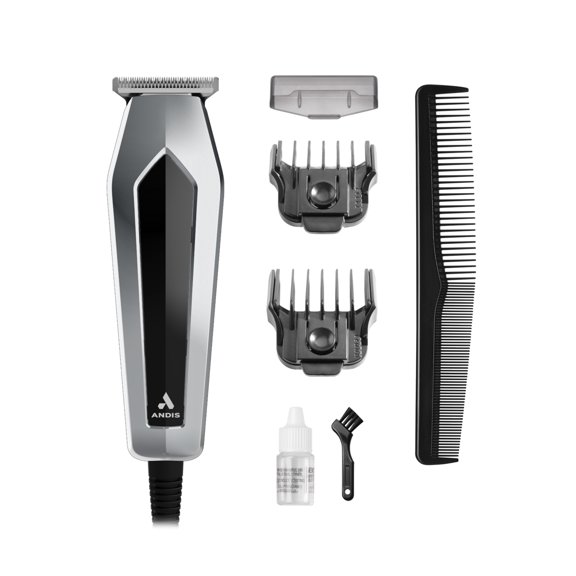 Andis UltraTrim Corded T-Blade Trimmer, 7-Piece Kit Includes 2 Guards with 10 Lengths, Black/Silver