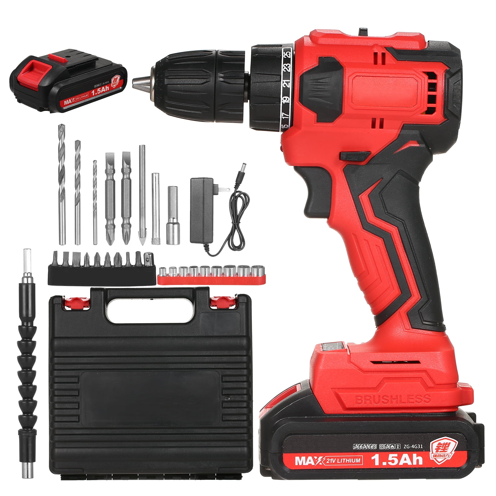 Andoe 21V Cordless Drill Set, 3/8'' Chuck, 25+1 Torque, Power Drill for