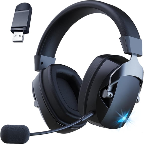 Andoe Wireless Gaming Headset for PS5/PS4/PC/Xbox, Surround Sound Gaming Headphones with Noise-Cancelling Microphone, 3.5mm Wired Jack (Black)