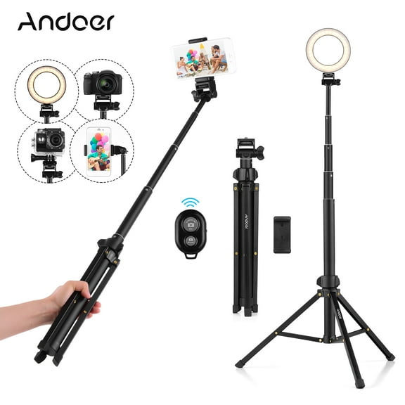 Andoer 1.5m/59in 2-in-1 Tripod Stand + Extendable Selfie Stick Aluminum Alloy with Phone Holder Remote Shutter Compatible with Android Phones for Selfie Group Photo Live Streaming