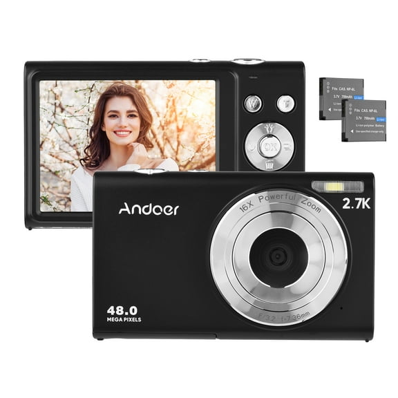 Andoer 2.7K Digital Camera Compact Video Camcorder 48MP Auto Focus 2.88 Inch IPS Screen 16X Zoom -shake Face Detact Smile Capture Built-in LED Fill Light with Carry Bag Wrist Strap 2pcs Batt
