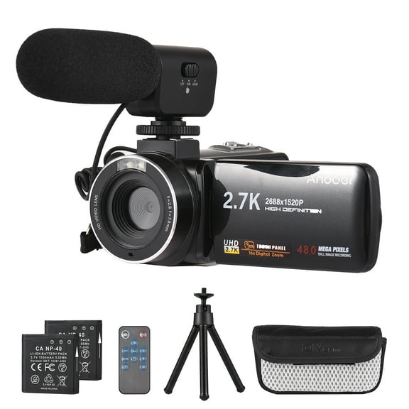 (Open Box) Andoer 2.7K Digital Video Camera Camcorder DV Recorder 48MP 16X Digital Zoom 3.0 Inch IPS Touch Panel Supports Face Detection Beauty Face Smile Capture -shake with 2pcs Batteries + Remote Co
