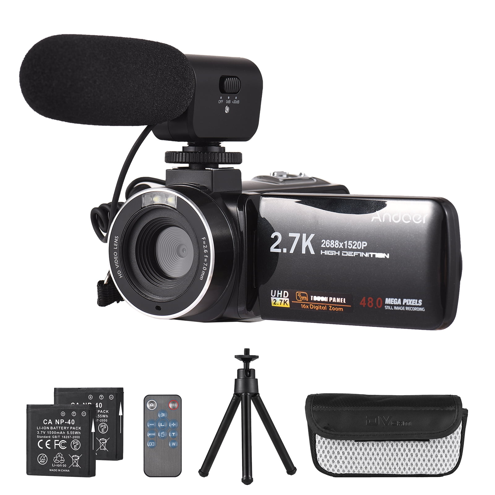 Andoer 2.7K Digital Video Camera Camcorder DV Recorder 48MP 16X Digital Zoom 3.0 Inch IPS Touch Panel Supports Face Detection Beauty Face Smile Capture -shake with 2pcs Batteries + Remote Co