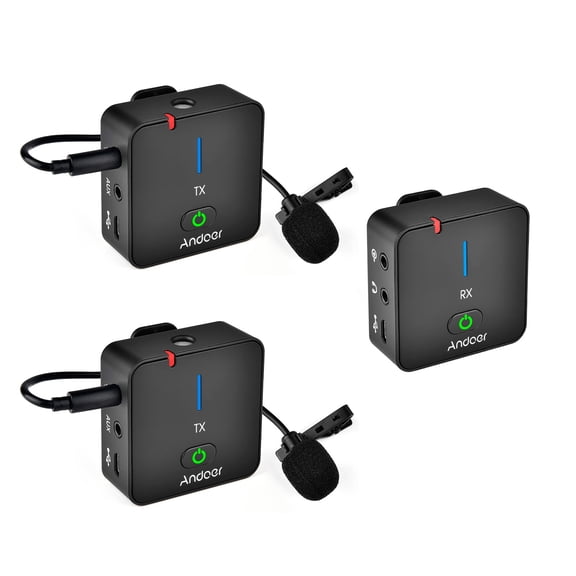 Andoer-2 Wireless Recording Microphone System with Clip-on Lavalier Mics and Built-in Rechargeable Battery for Smartphone DSLR Camera DV Vlog V
