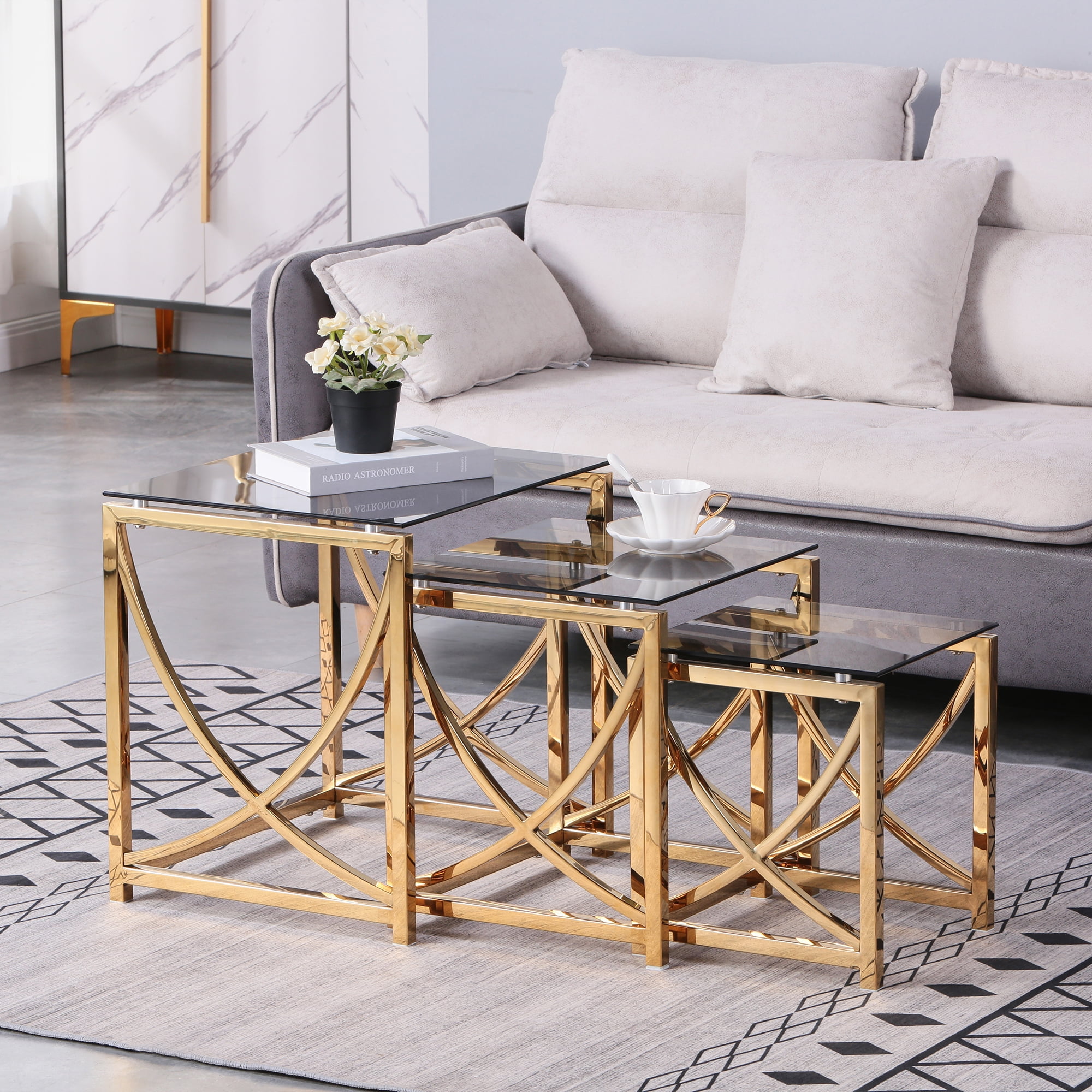 Andoer 3 Pieces Gold Nesting Glass End Tables Small Coffee Table Set