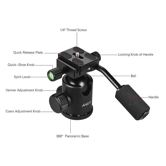 Andoer 360 Degree Rotating Panoramic Handle Tripod Ball Head with 1/4-Inch Screw Quick Release Plate and 3/8-Inch Bottom Thread for DSLR Cameras, Max 33 Lbs / 15kg Load Capacity