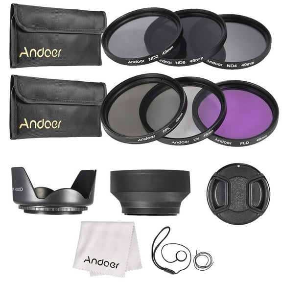 Andoer 49mm Lens Filter Set - Includes UV, CPL, FLD, ND2, ND4, ND8 Filters, Carry Pouch, Lens Cap, Cap Holder, Tulip & Rubber Lens Hoods, and Cleaning Cloth