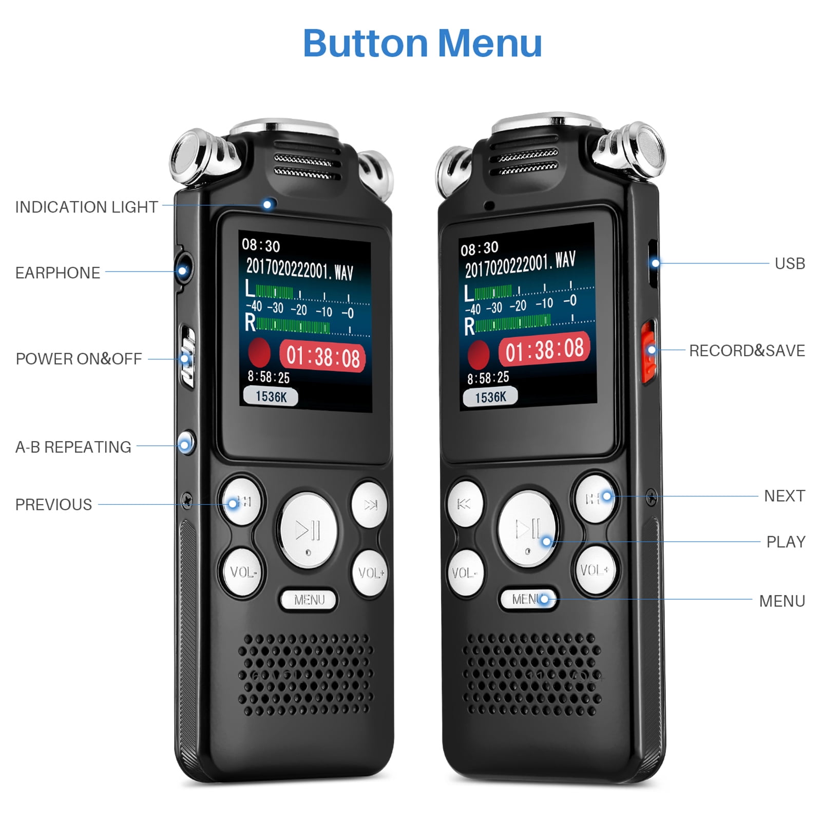 Andoer 8GB Voice Recorder Noise Cancelling Audio Recorder Double Microphone for  Voice Activated Recording Metal Case