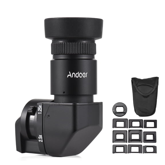 Andoer Camera Viewfinder 1.25X/ 2.5X Magnification Right Angle Viewfinder with 10 Mounting Adapters