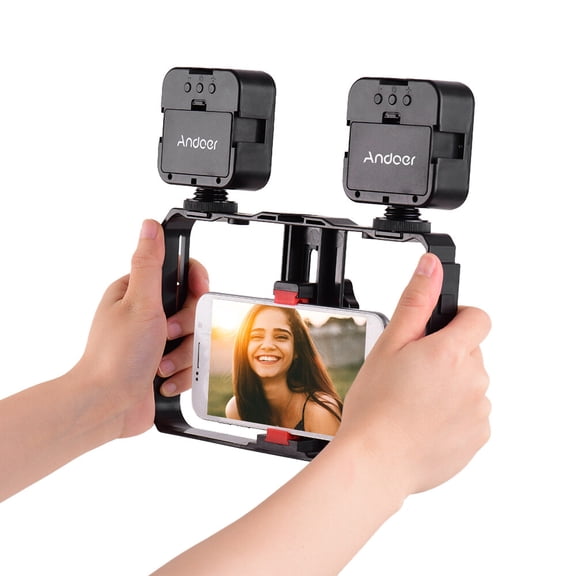 Andoer Mini LED Video Light 5W Photography Fill-in Lamp 6500K Dimmable 2pcs with Handheld Smartphone Bracket Phone Stabilizer Cage