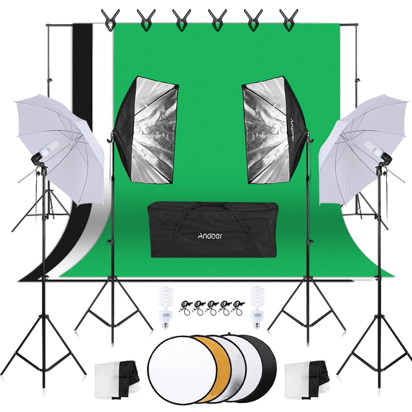 Andoer Photography Studio Lighting Kit 5.9*8.8ft Backdrop Support System and 6 Clips 2 Umbrellas