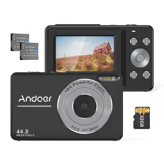Andoer Portable 1080P Digital Video Camcorder 44MP Auto Focus 2.5 IPS Screen 16X Digital Zoom -shake Face Detect Smile Capture with 32GB Memory 2pcs Batteries Christmas Gift for Teens