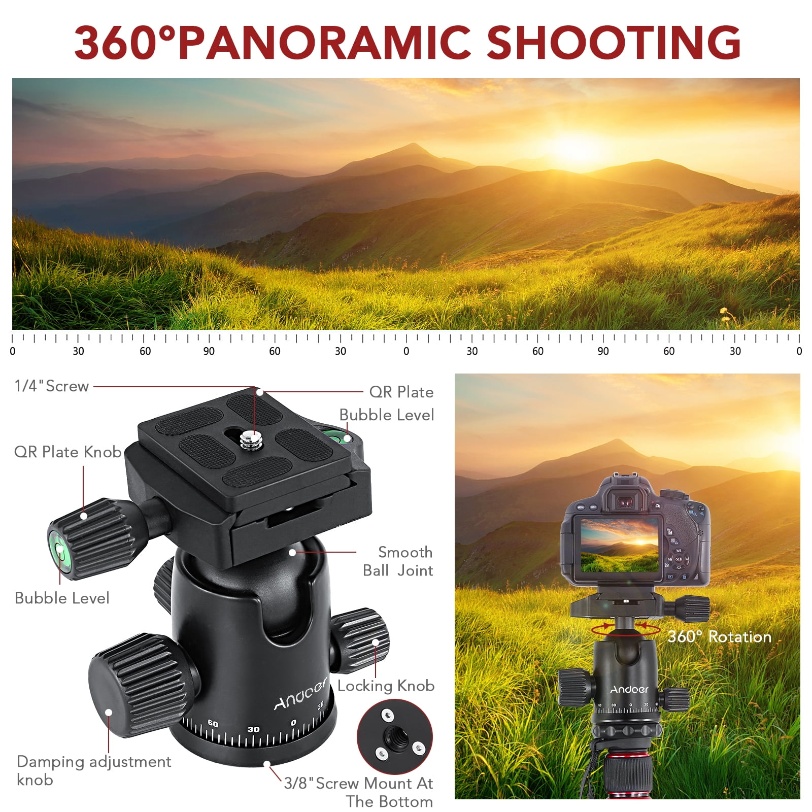 Andoer Tripod,Camera Stand Monopod Fiber Camera Stand Head With Carry