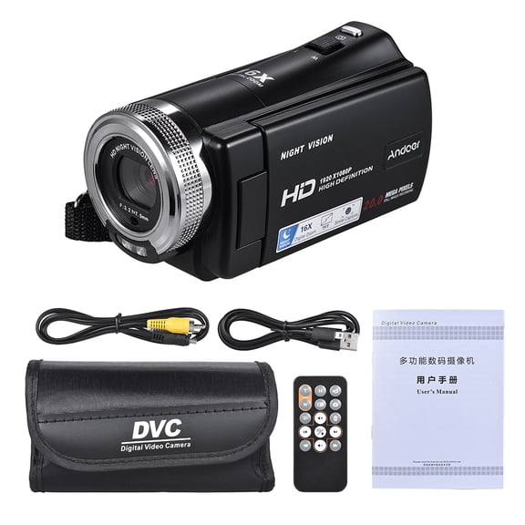 Andoer V12 1080P Full HD 16X Digital Zoom Recording Video Camera Portable Camcorder with 3.0 Inch Rotatable LCD Screen Max. 20 Mega Pixels Support Night Vision Face Detection Face Beautification
