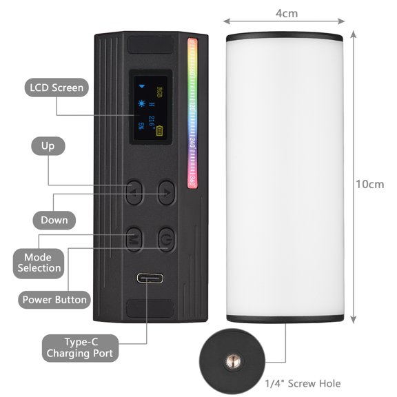 Andoer W100RGB Mini LED Video Light Rechargeable RGB Fill Light 2500K-9000K Dimmable LCD Screen Magnetic Backside with Mini Desktop Tripod Wrist Strap for Vlog Video Conference Product Photography