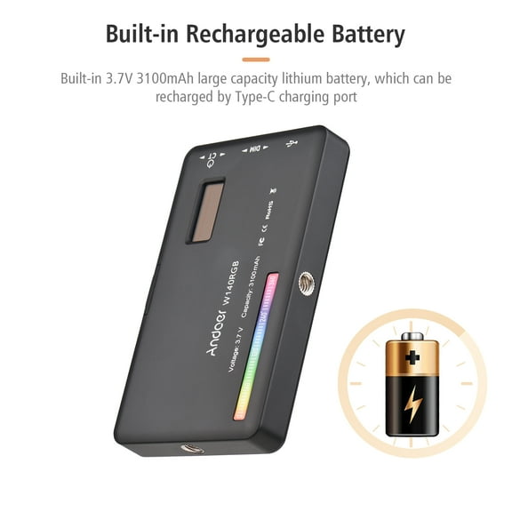 Andoer W140 RGB LED Video Light Rechargeable Photography Fill CRI95+ 2500K-9000K Dimmable 20 Lighting Effects with LCD Display Cold Shoe Adapter for Vlog Live Streaming Conference Product Shooting