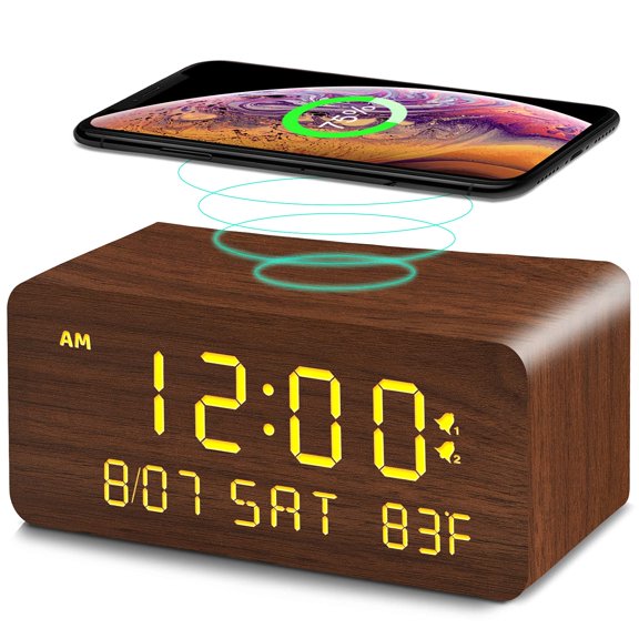 Andoolex Wooden Digital Alarm Clock with Wireless Charging, 0-100% Adjustable Brightness Dimmer and Alarm Volume, Weekday/Weekend Mode, Dual Alarm, Snooze, 12/24H, Wood LED Clock for Bedroom (Brown)