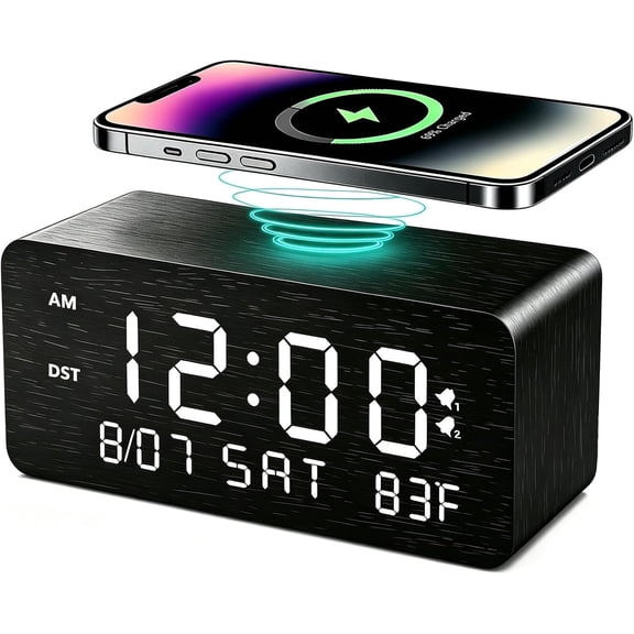 Andoolex Wooden Digital Alarm Clock with Wireless Charging for Bedroom, Desk USB Port, Adjustable Brightness Dimmer and Volume, Weekday/Weekend Mode, Snooze, 12/24H (Black)
