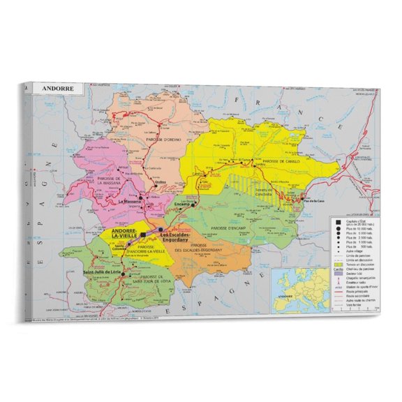 Andorra Map Poster Posters Wall Art Painting Canvas Gift Living Room Prints Bedroom Decor Poster Artworks 16x24inch(40x60cm)