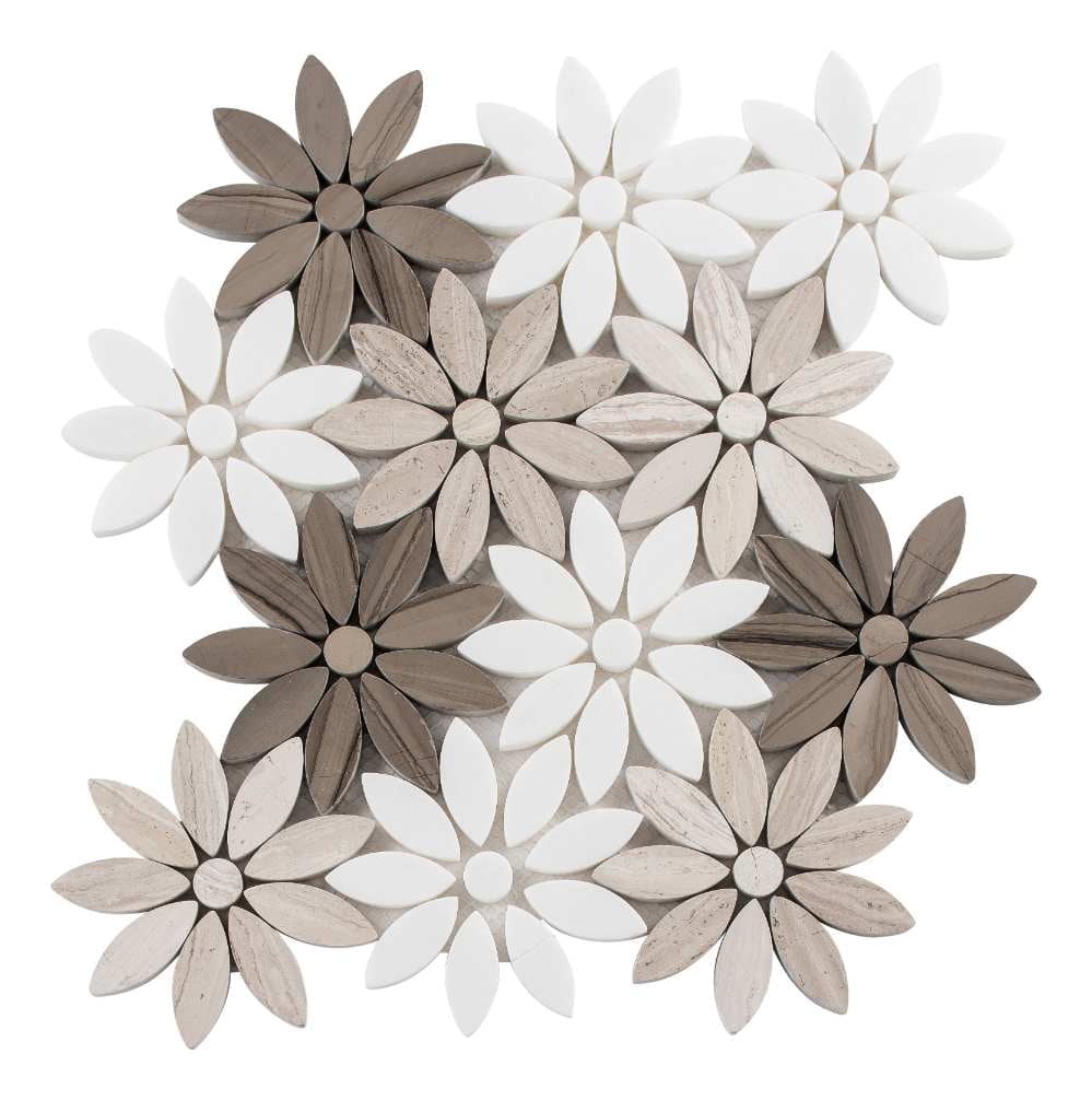 Andova Tiles Brown/White Stone Floral Mosaic Tiles, for Bathroom Fireplace
