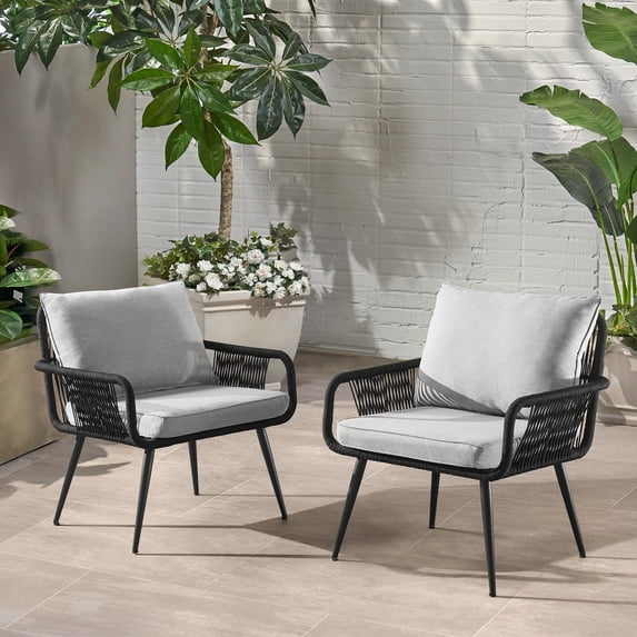 Alaterre Furniture All-Weather Outdoor 29" H Rope Chairs with Light Gray Cushions, Set of Two
