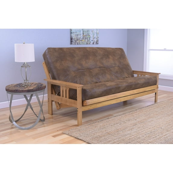 Andover Full Size Futon Sofa Bed, Honey Oak Wood Frame, Bonded Leather Innerspring Mattress