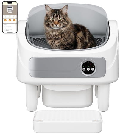 Andpety Automatic Litter Box, Self-Cleaning Cat Litter Box with Bio-Radar & 10 Safety Sensors for Anti-Pinch, Open Top Large Litter Box with App Control & Odor-Removing System, White (with Stair)