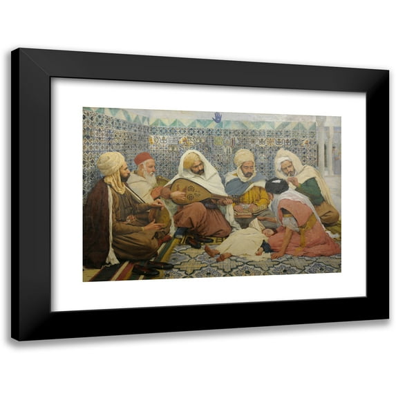 André Brouillet 14x11 Black Modern Framed Museum Art Print Titled - Exorcism; Arab Musicians Chasing the Jinn of the Body of a Child (1884)
