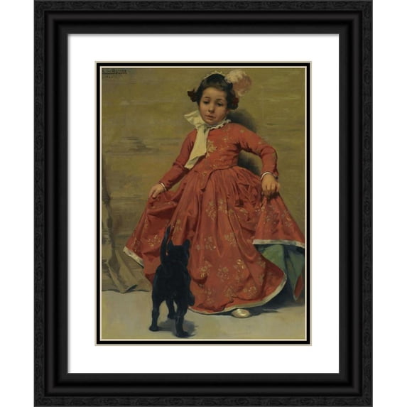 Andrés Parladé y Heredia 19x24 Black Ornate Framed Double Matted Museum Art Print Titled: Girl Dancing for Her Cat (1900)