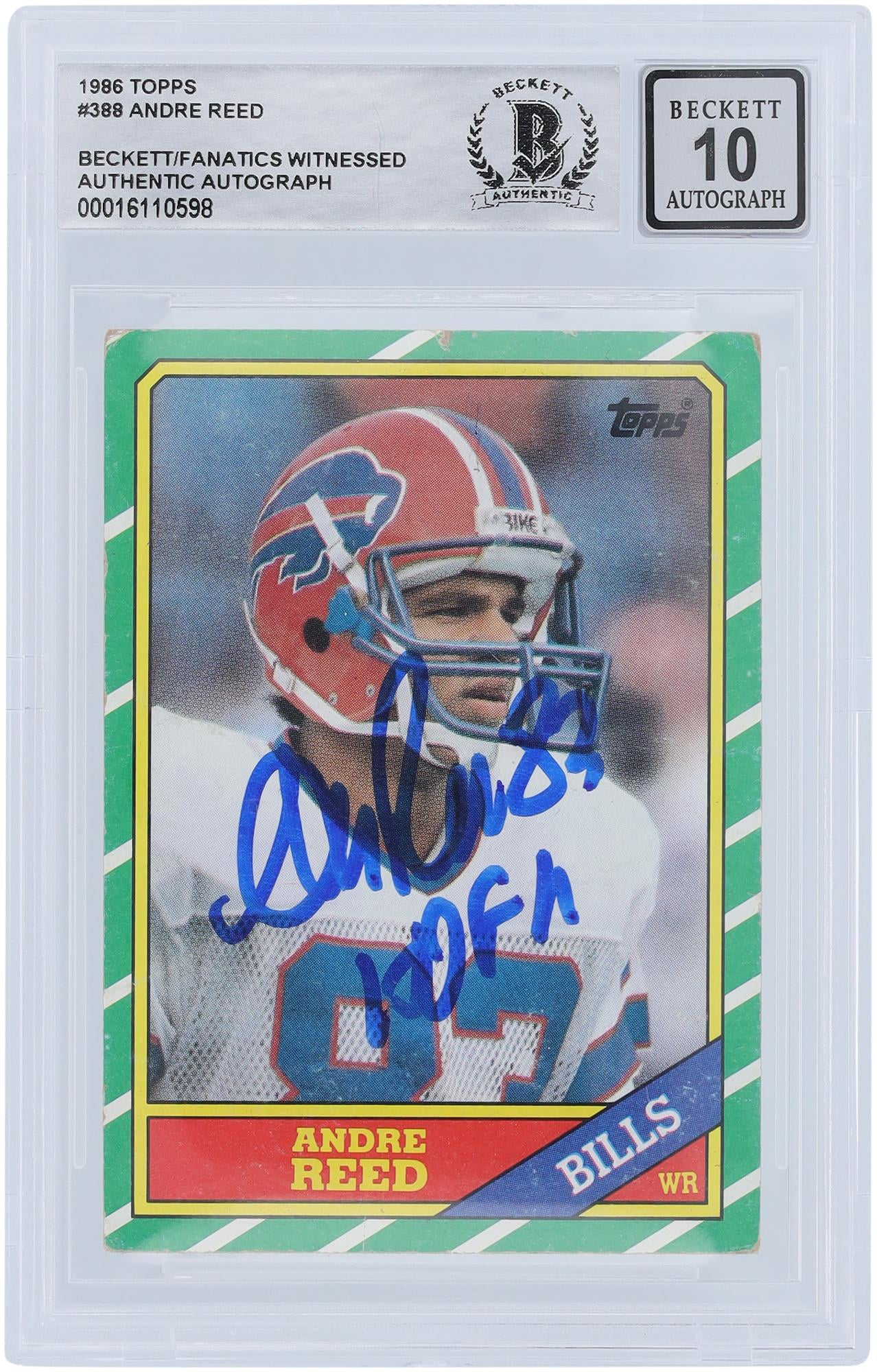 Andre Reed Buffalo Bills Autographed 1986 Topps #388 Beckett Fanatics Witnessed Authenticated 10 Rookie Card with "HOF 14" Inscription - Fanatics Authentic Certified