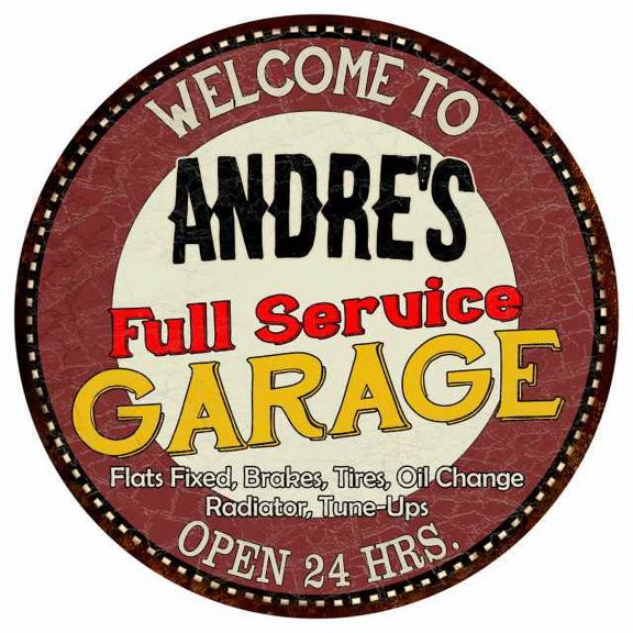 Andre's Full Service Garage 14" Round Metal Sign Man Cave Decor 100140037123