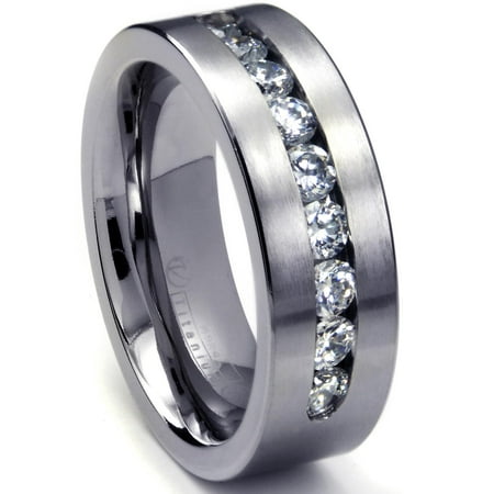 Andrea Jewelers Brush Finish Titanium Wedding Ring, 9 AAAAA+ CZ Stones, 8MM, Titanium