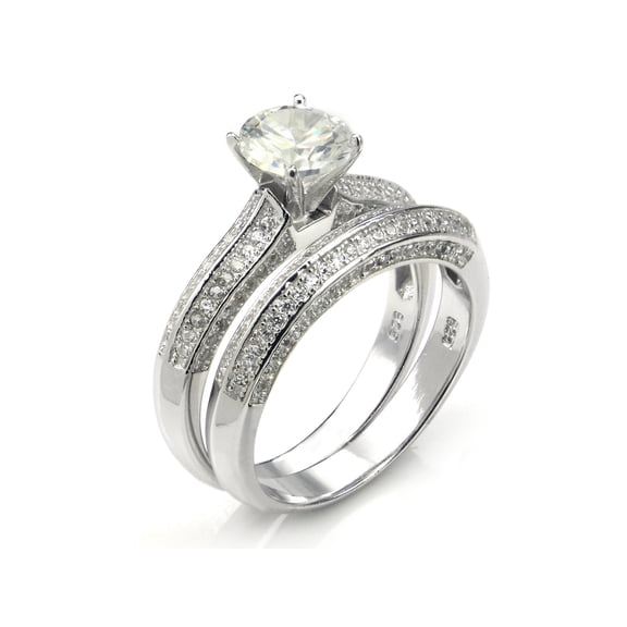 Andrea Jewelers Sterling Silver Cubic Zirconia 1.8 Carat tw Round Cut CZ Pave Wedding Engagement Ring Set, Nickel Free Sz 5