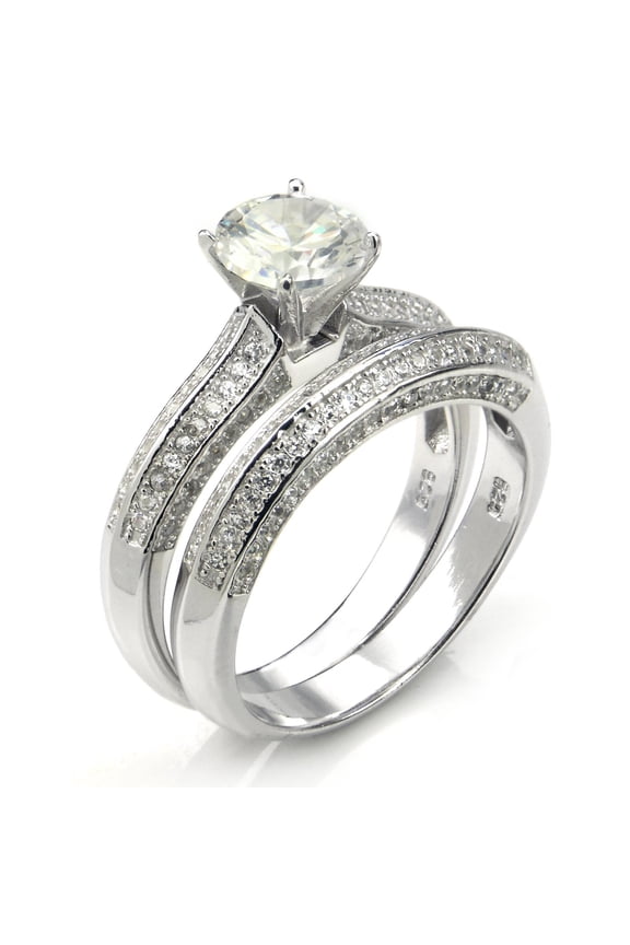 Sterling Silver Cubic Zirconia 1.8 Carat tw Round Cut CZ Pave Wedding Engagement Ring Set, Nickel Free Sz 7