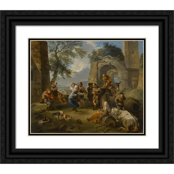 Andrea Locatelli 17x15 Black Ornate Wood Framed Double Matted Museum Art Print Titled - A Landscape with Peasants Dancing and Merrymaking