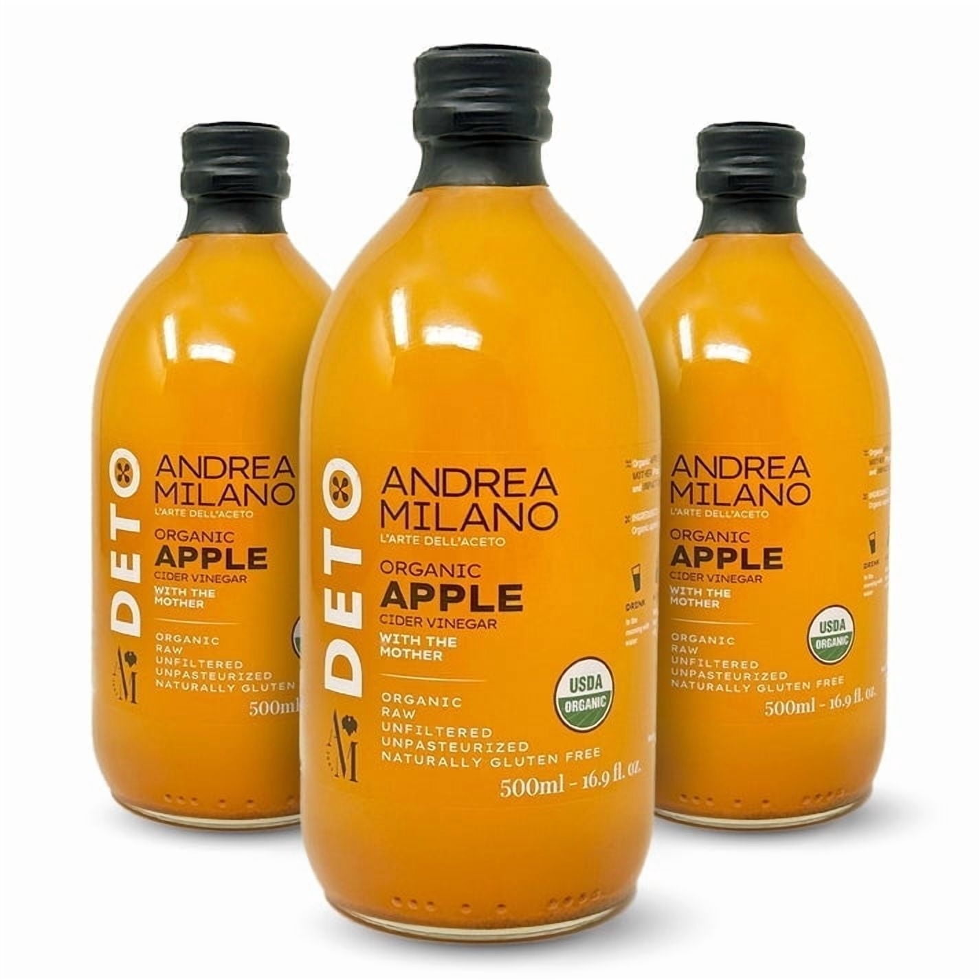 Andrea Milano Organic Apple Cider Vinegar, 3 Bottles – Non-GMO, Vegan, Bulk, Glass Bottle