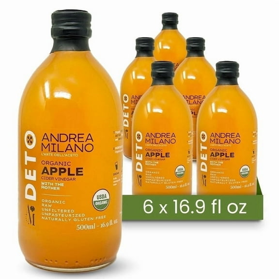 Andrea Milano Organic Apple Cider Vinegar, 6 Bottles Non-GMO, Vegan, Bulk, Glass Bottle